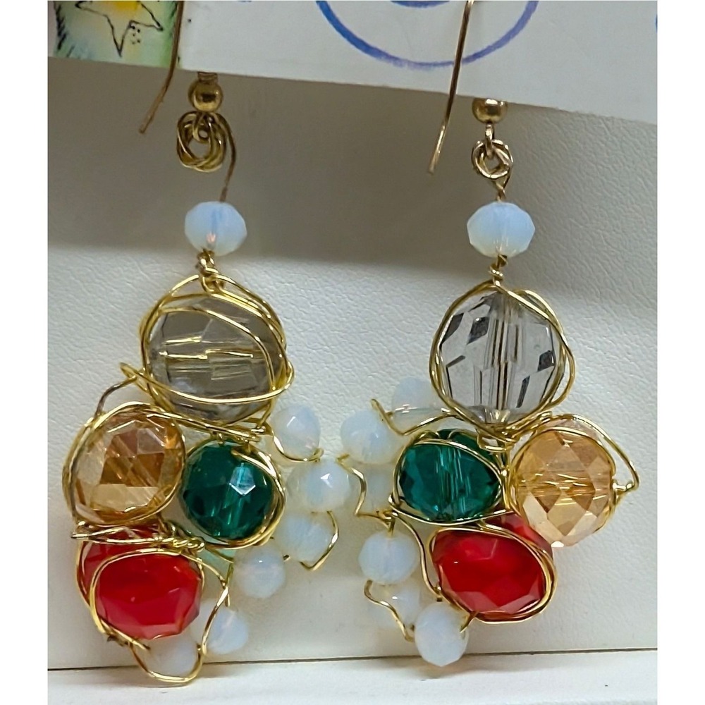 Handmade Multi-Gemstone Beaded Drop Earrings Goldtone Wire‎ Wrap Crystal Glass